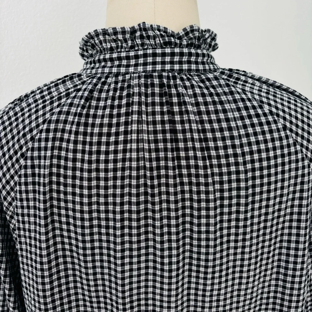J Crew Ruffle Blouse NWT Black & White Plaid Cotton Blend Cottagecore 10